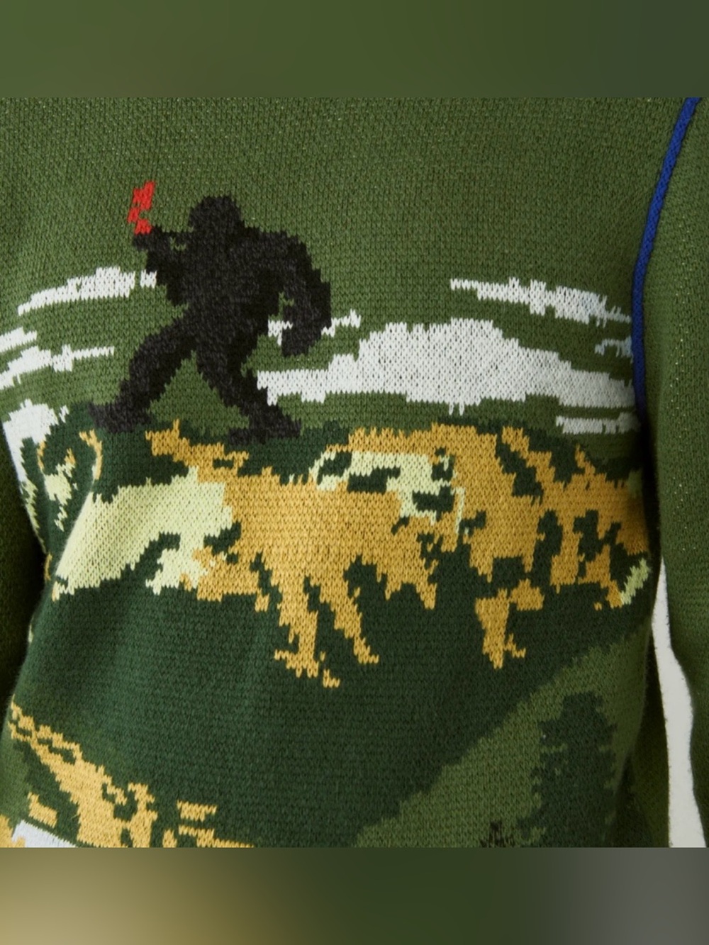 Lucky Brand Olive Scenic Big Foot Crewneck Sweater with Blue Trim Size Medium - Picture 4 of 16